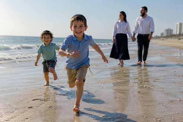 Frum family walking on the Netanya beach
